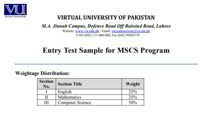MSCS Admission entry Test VU