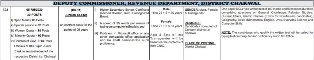Deputy Commissioner Chakwal PPSC Junior Clerk Jobs 2020-2021