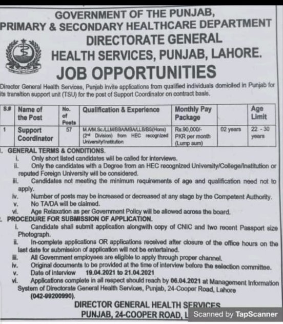 Support Coordinator Punjab Primary and Secondary Healthcare Department Jobs description
