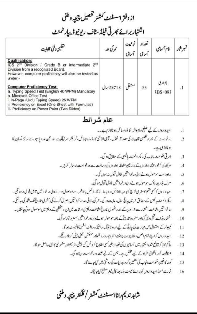 Patwari Jobs 2021 in Chichawatni