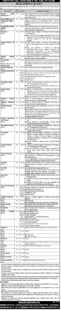 Punjab Assembly Lahore jobs 2021